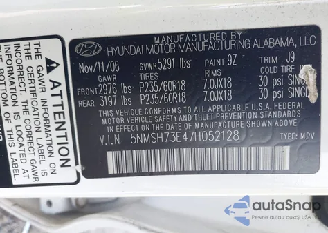 2007 Hyundai Santa Fe Limited/Se z USA, uszkodzony, nr VIN 5NMSH73E47H052128